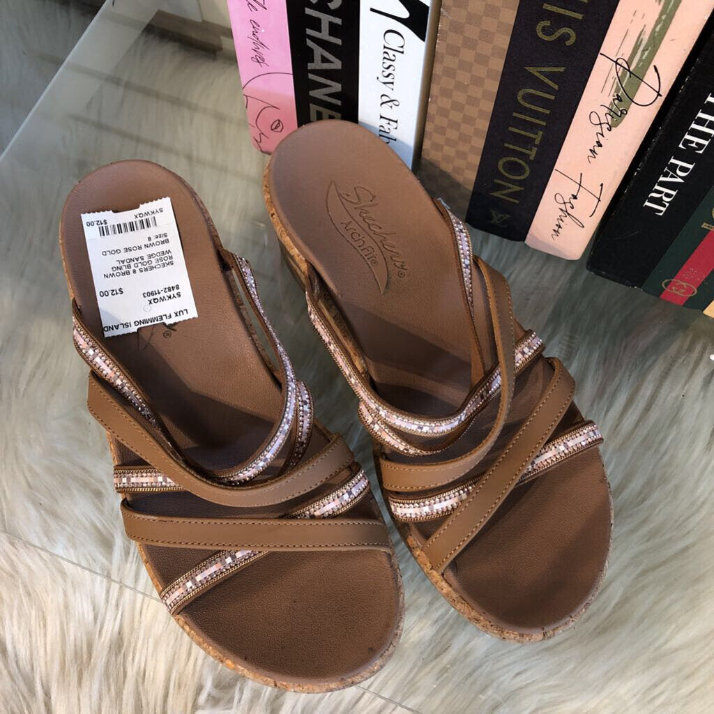 8 BROWN ROSE GOLD BLING WEDGE SANDAL