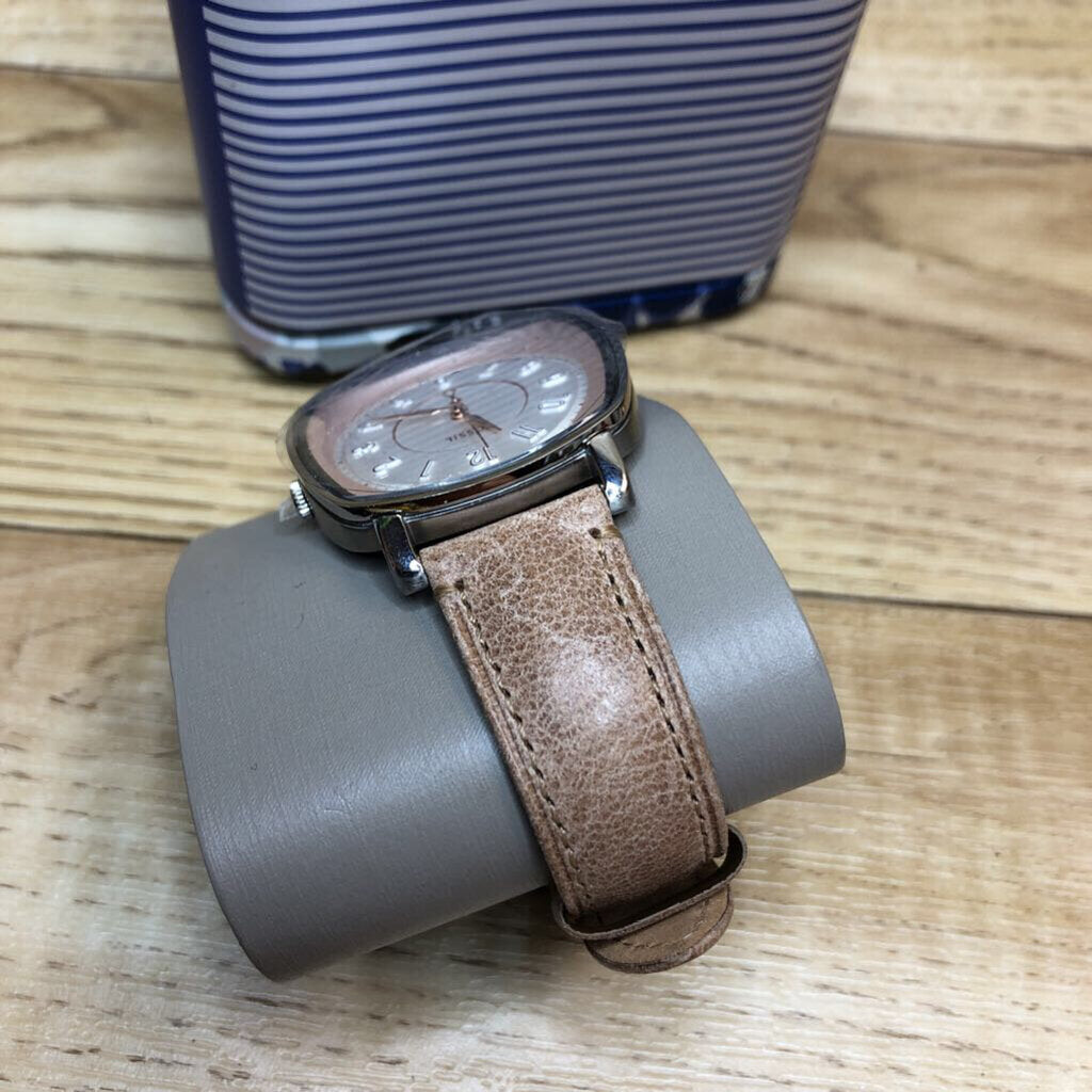 FOSSIL NIB TAN LEATHER BAND SILVER SQUARE FACE